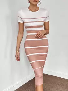 SHEIN Privé 條紋印花緊身洋裝 - 卡其色 - 查看 6