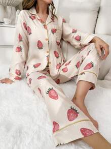 Strawberry Print Contrast Piping Satin PJ Set / Pajama Set - Apricot - View 3