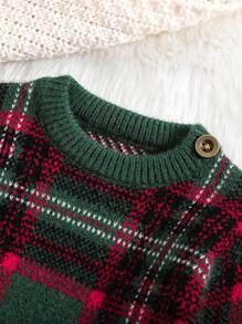 Baby Girl Plaid Pattern Button Detail Sweater - Army Green - View 3