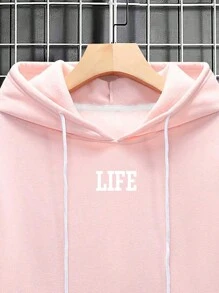 Manfinity EMRG 男士标语与雕塑印花落肩抽绳连帽衫，粉色连帽衫，男士连帽衫，图案连帽衫 - 粉色 - 查看 4