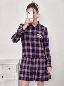 SHEIN EZwear Vestido smock con estampado de cuadros y letra bajo fruncido