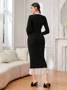 Modelyn Contrast Lace Button Front Sweater Dress Without Belt - Black - View 2