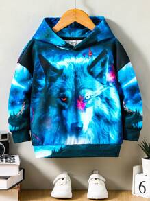 SHEIN Young Boy Wolf Print Drop Shoulder Sweatshirt - Navy Blue - View 1
