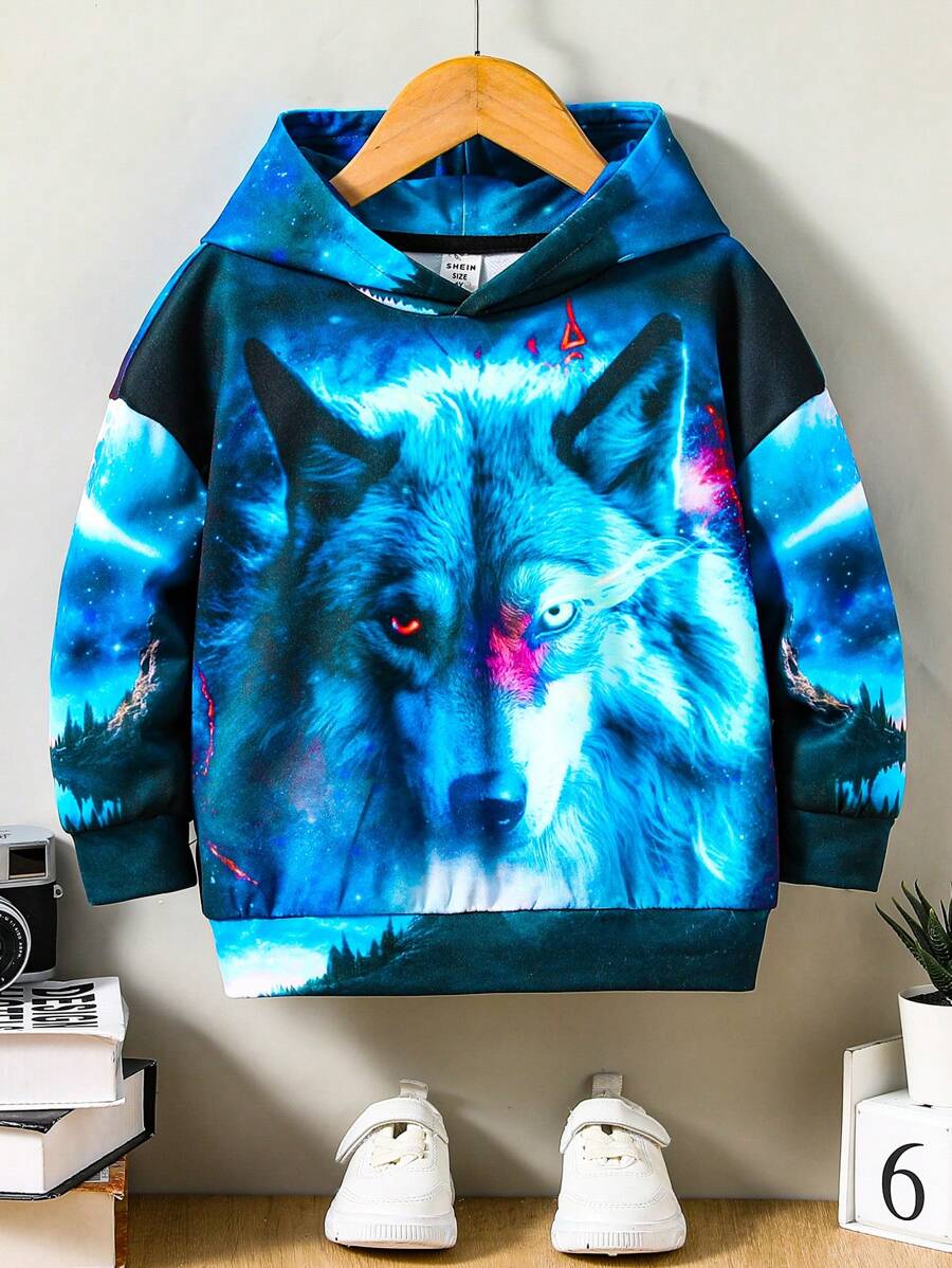 SHEIN Young Boy Wolf Print Drop Shoulder Sweatshirt - Navy Blue - View 1