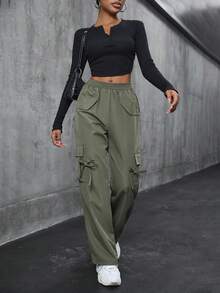 SHEIN Unity Pantalones cargo de mujer de unicolor casual con cordón en la cintura y bolsillo con solapa - Verde militar - Ver 5
