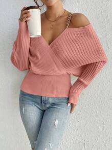 SHEIN Essnce 鏈條細節挖肩蝙蝠袖套頭毛衣 - 粉色 - 查看 5