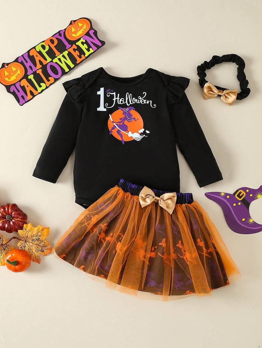 Baby Girl Letter Graphic Ruffle Trim Bodysuit & Bow Front Mesh Overlay Skirt - Multicolor - View 1