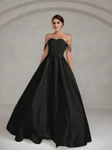 Off Shoulder Kết cườm Chi tiết Xa ten Ống Váy dự tiệc - màu đen - Xem 4