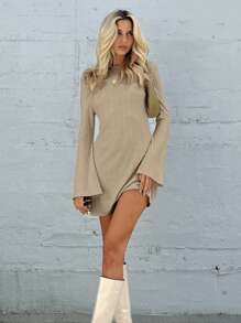 SHEIN Essnce Solid Backless Fitted Dress - Khaki - View 5