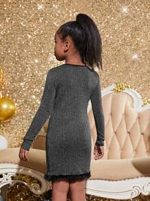 Cô gái Tween Trang trí Fuzzy Long lanh Đồ đan Ribbed Đầm - màu đen - Xem 3
