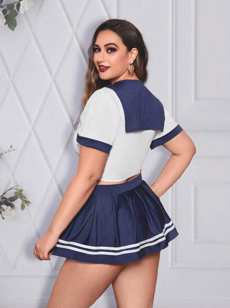 Plus Halloween Listrado Conjunto De Fantasia De Menina De Escola Com Gravata - Multicolorido - Ver 2