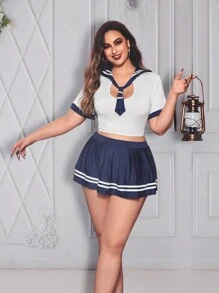 Plus Halloween Striped School Girl Costume Set With Tie - Multicolor - View 3