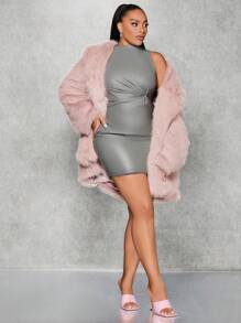 SHEIN BAE 大碼素色扭結PU皮革緊身洋裝 - 灰色 - 查看 1