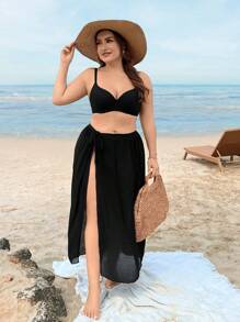 Swim Vcay 大碼素色側繫帶沙灘纏腰式半身裙 - 黑色 - 查看 4