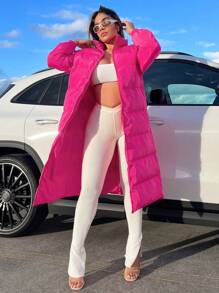 SHEIN SXY 冬季纯色拉链夹棉大衣 - 玫紅色 - 查看 6