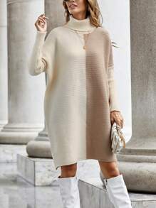 SHEIN LUNE Two Tone Turtleneck Drop Shoulder Sweater Dress - Khaki - View 4