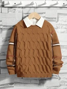 SHEIN Tween Boy Plaid Pattern Sweater Without Shirt - Brown - View 1