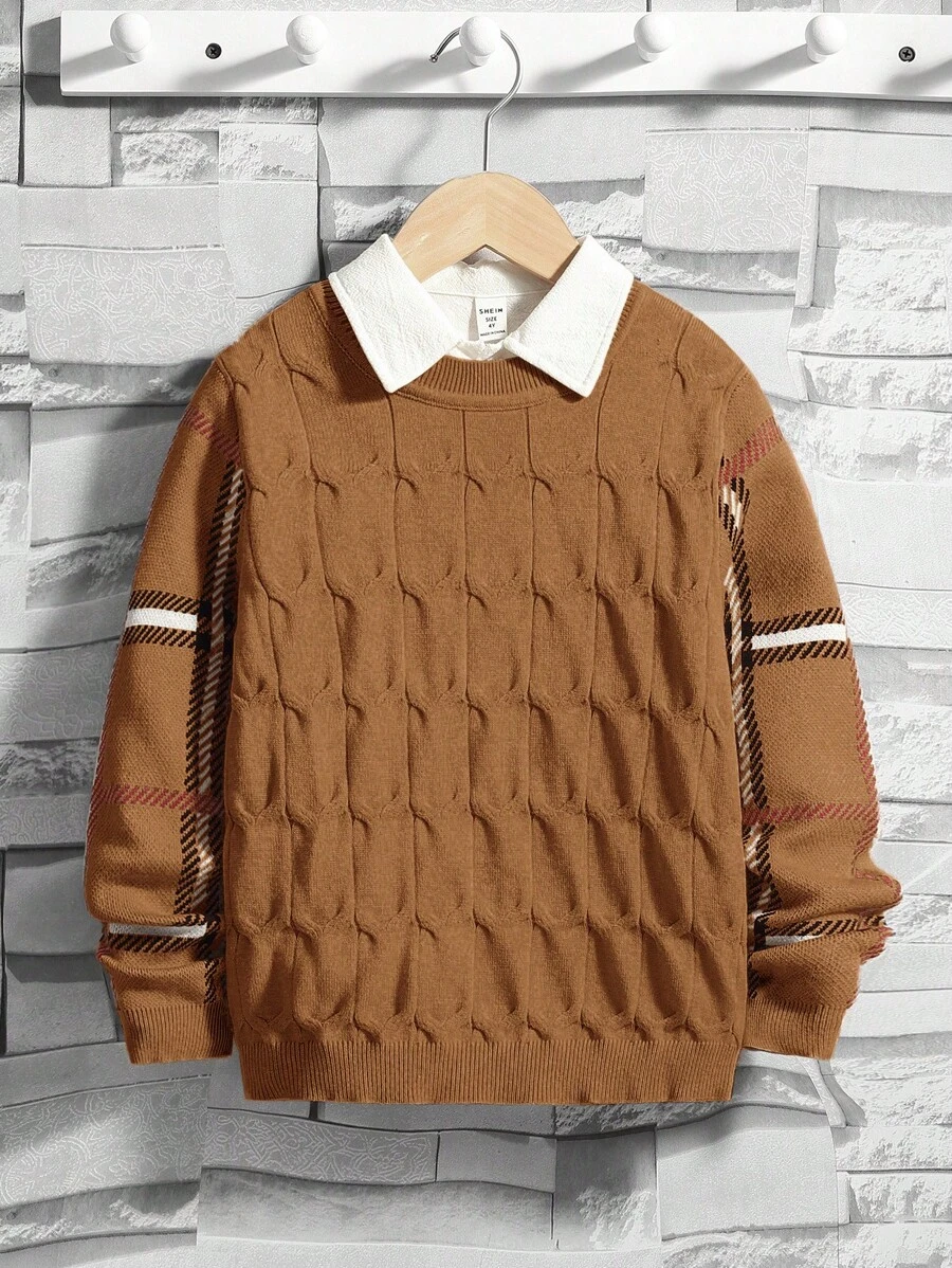 SHEIN Tween Boy Plaid Pattern Sweater Without Shirt - Brown - View 1
