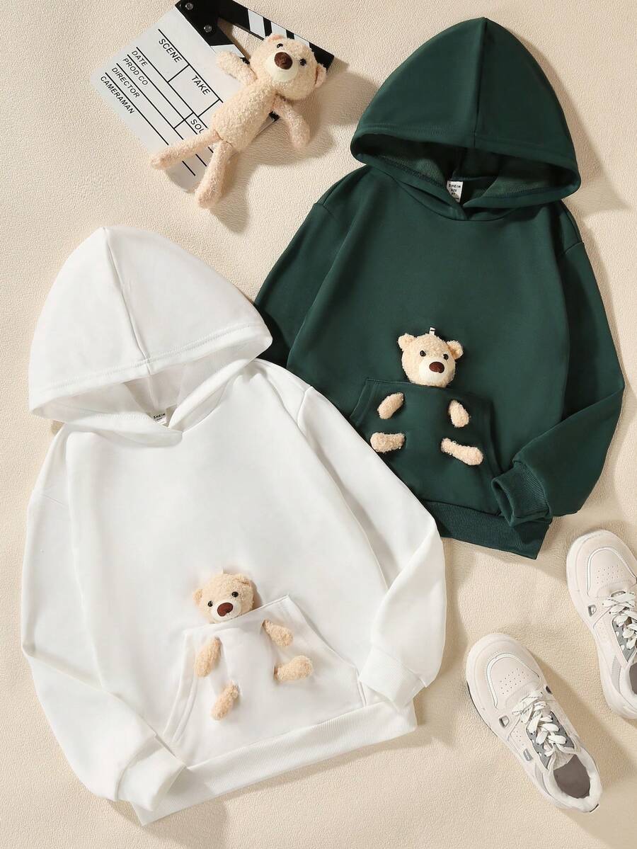 SHEIN 少女两件套熊图案袋鼠口袋卫衣 - 彩色 - 查看 1
