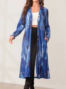 SHEIN LUNE Patchwork Print Button Front Coat Without Belt Fall Cloth For Women - Blue - View 4