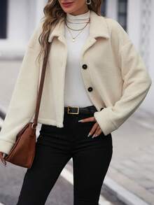 SHEIN Essnce 落肩袖前紐扣毛絨夾克 - 杏色 - 查看 6