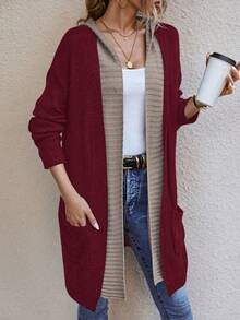 SHEIN LUNE Túi Kép Thả vai Mở Mặt trước áo có mũ Áo len Mở - Màu Đỏ Sâu - Xem 3