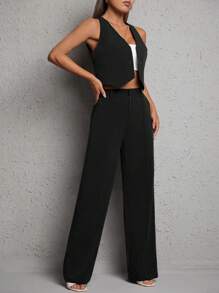 SHEIN PETITE Button Front Vest Blazer & Wide Leg Pants In Fall/Winter - Black - View 5