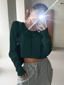 DAZY 頂針木耳邊短款T恤 - 墨綠色 - 查看 4