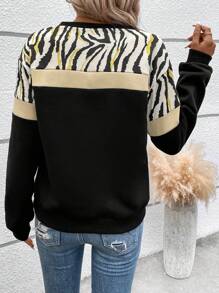 SHEIN LUNE Áo nỉ chui đầu tay trễ phối màu họa tiết sọc ngựa vằn, áo nỉ mùa thu. - màu đen - Xem 2