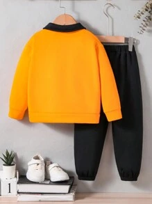 男小童卡通圖案拼接領運動衫帶系帶和運動褲 - 彩色 - 查看 2