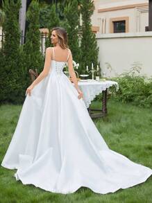 Contrast Mesh Cami Wedding Dress - Beige - View 3