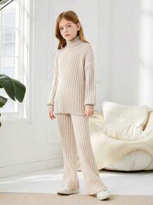 SHEIN Cô gái Tween Áo cao cổ Thả vai Áo len & Quần dệt kim - Màu be - Xem 4