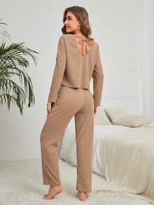 Drop Shoulder Tee & Pants Lounge Set - Camel - View 6
