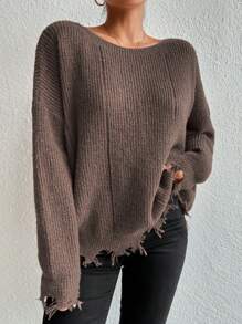 SHEIN VCAY Plus Size Women Casual Wide Neck Loose Fit Distressed Detail Pullover Sweater, Brown, Autumn/Winter - Camel - View 5