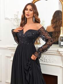 SHEIN Belle 一字肩亮片裝飾正式洋裝 - 黑色 - 查看 3