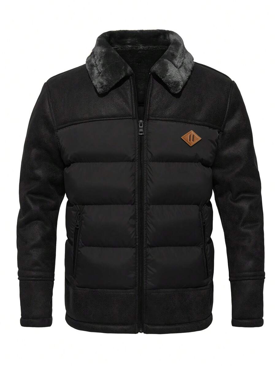 Men Patched Detail Borg Collar Padded Coat - Black - View 1