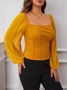 SHEIN Privé Plus Square Neck Lantern Sleeve Top - Yellow - View 5