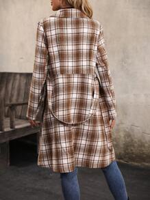 SHEIN Clasi Plaid Print Lapel Neck Belted Overcoat Fall Cloth For Women - Khaki - View 2