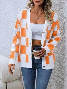 SHEIN Essnce 棋盤格圖案落肩袖開襟衫 - 橘色 - 查看 1