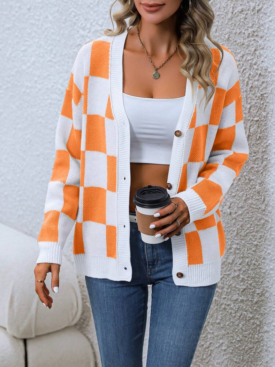 SHEIN Essnce 棋盤格圖案落肩袖開襟衫 - 橘色 - 查看 1