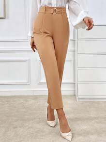 SHEIN Privé High Waist Belted Pants - Brown - View 4