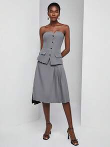 SHEIN Privé 褶皺細節半身裙不附腰帶 - 灰色 - 查看 3