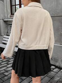 Flirla Plus Drop Shoulder Flap Detail Corduroy Jacket - Apricot - View 2