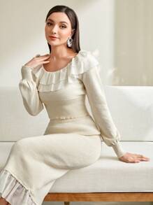 Modelyn 女款荷葉邊針織毛衣和針織裙套裝 - 杏色 - 查看 6