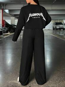 SHEIN EZwear Thư được vá Áo khoác & Eo dây rút Quần - màu đen - Xem 2