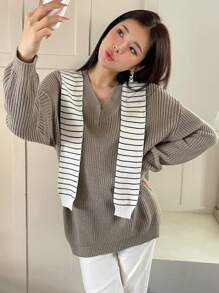 SHEIN Unity 條紋針織落肩袖套頭毛衣不附帶圍巾