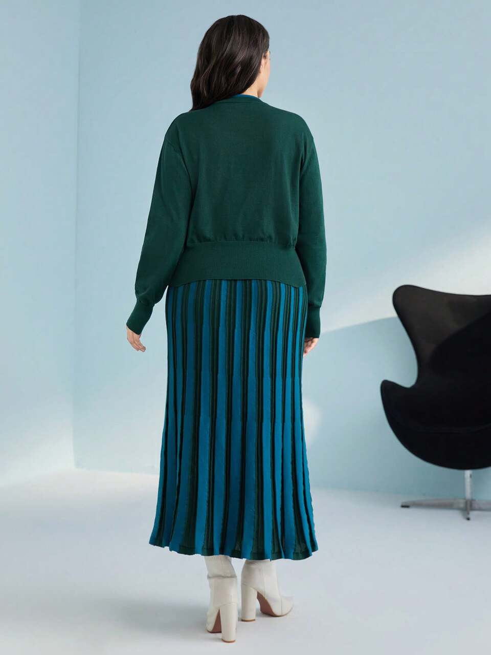 Plus Mock Neck Sweater & Pleated Knit Skirt Without Belt