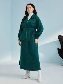 Mulvari Plus Flap Pocket Belted Corduroy Jacket & Skirt - Dark Green - View 5