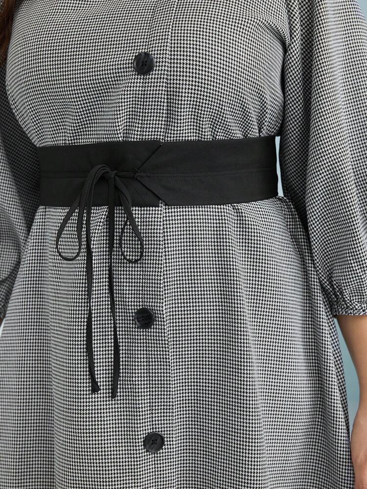 Plus Houndstooth Print Button Front Belted Dress