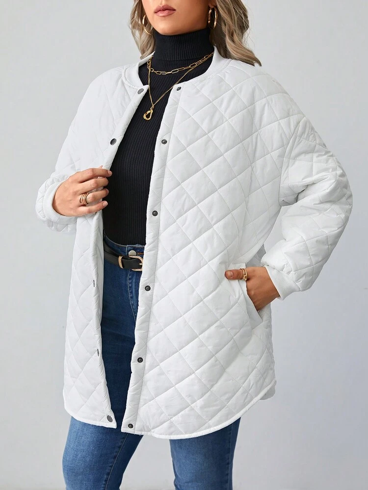 SHEIN LUNE 大碼落肩袖棒球領絎縫外套 - 白色 - 查看 5